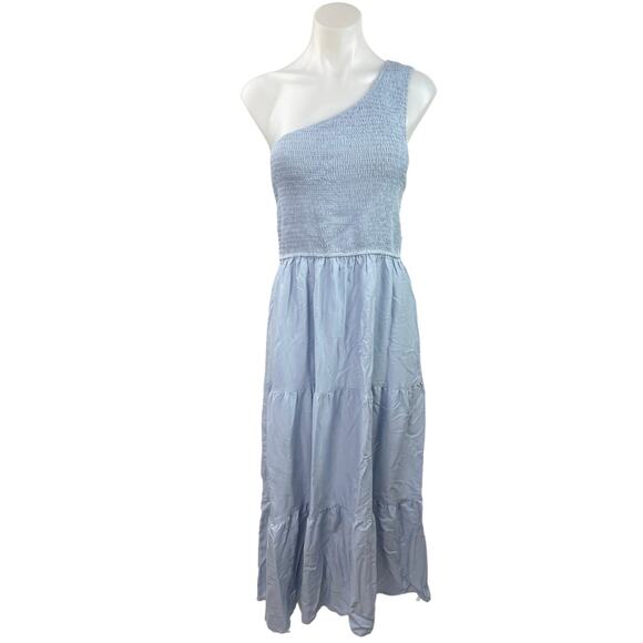 Zesica Women Blue One Shoulder Smocked Ruffle Tiered Fit & Flare Maxi Dress Sz L - Picture 1 of 5